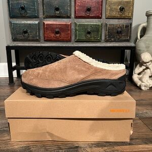 MERRELL Men's Brown Camel Suede Winter Slide Slip-On Shoes Fleece Lined NWT